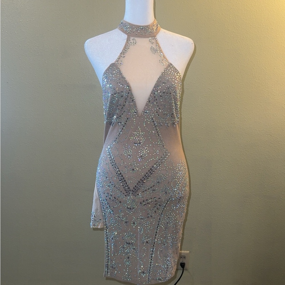 Fashion Nova Silver Sequin Halter Mini Dress